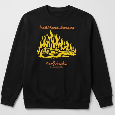 Bold line-art of a guitar surrounded by flames with text about demons. — printed on a unisex sweatshirt