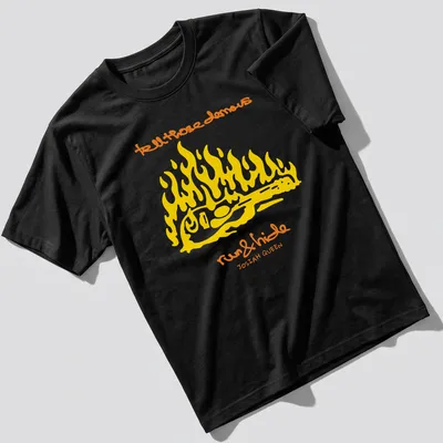 Bold line-art of a guitar surrounded by flames with text about demons.