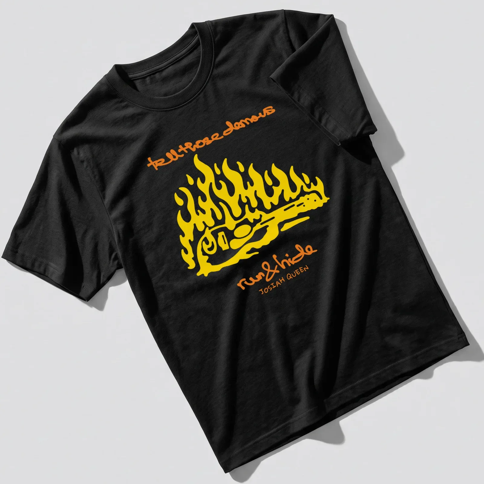 Bold line-art of a guitar surrounded by flames with text about demons. — printed on a unisex t-shirt