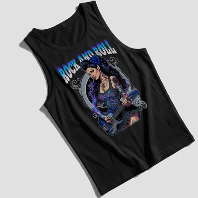 Vibrant illustration of a guitar girl with tattoo and printed text 'Rock and Roll' — printed on a tank top
