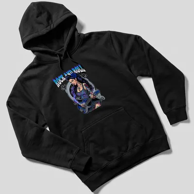 Vibrant illustration of a guitar girl with tattoo and printed text 'Rock and Roll' — printed on a unisex hoodie