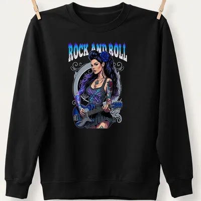 Vibrant illustration of a guitar girl with tattoo and printed text 'Rock and Roll' — printed on a unisex sweatshirt