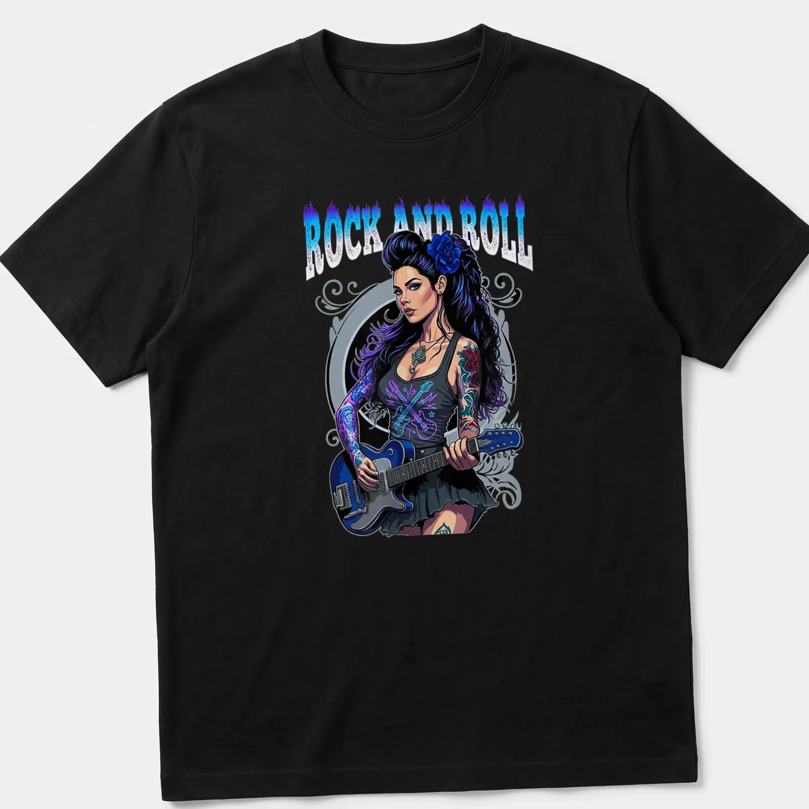 Vibrant illustration of a guitar girl with tattoo and printed text 'Rock and Roll' — printed on a unisex t-shirt
