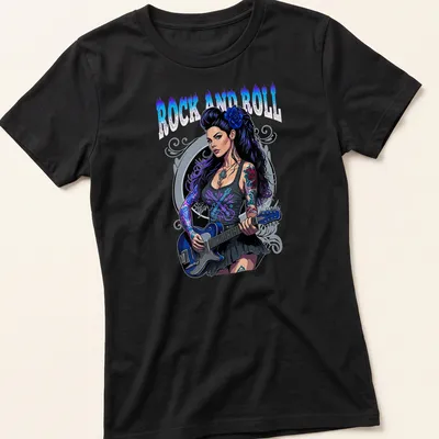 Vibrant illustration of a guitar girl with tattoo and printed text 'Rock and Roll' — printed on a women's shirt