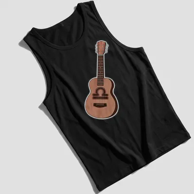 Illustrative design of a guitar in warm brown, tan, and black tones. — printed on a tank top