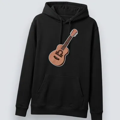 Illustrative design of a guitar in warm brown, tan, and black tones. — printed on a unisex hoodie