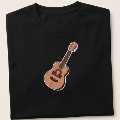 Illustrative design of a guitar in warm brown, tan, and black tones.