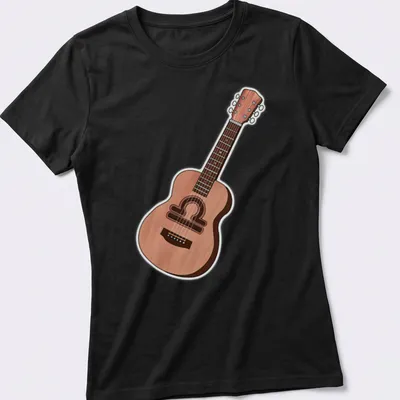 Illustrative design of a guitar in warm brown, tan, and black tones. — printed on a women's shirt