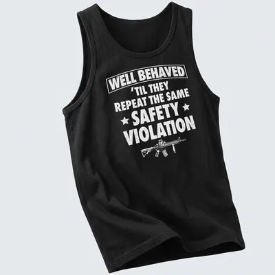 Humorous typography tee about safety at the gun range — printed on a tank top