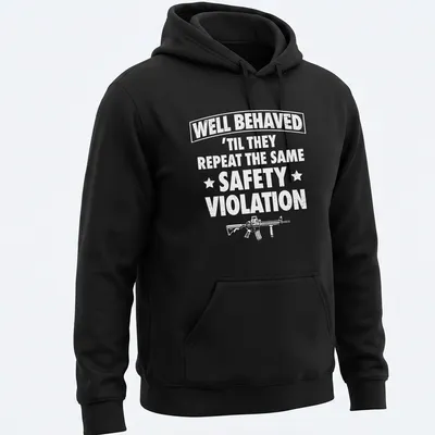 Humorous typography tee about safety at the gun range — printed on a unisex hoodie