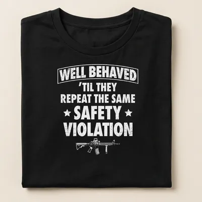 Humorous typography tee about safety at the gun range — printed on a women's shirt