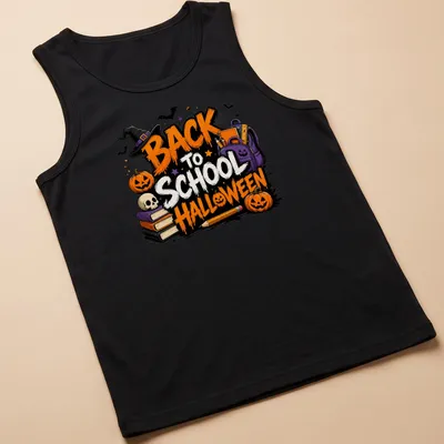 Colorful cartoon Halloween Back to School T-shirt with pumpkins and school supplies — printed on a tank top