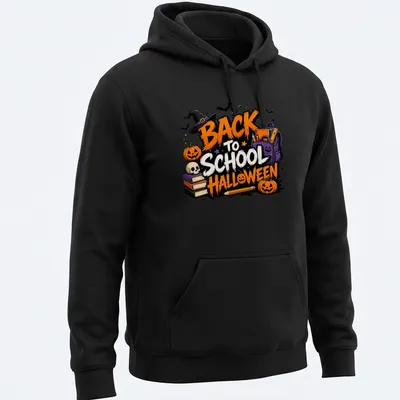 Colorful cartoon Halloween Back to School T-shirt with pumpkins and school supplies — printed on a unisex hoodie