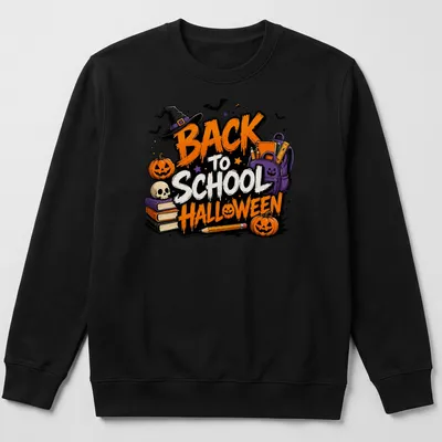 Colorful cartoon Halloween Back to School T-shirt with pumpkins and school supplies — printed on a unisex sweatshirt