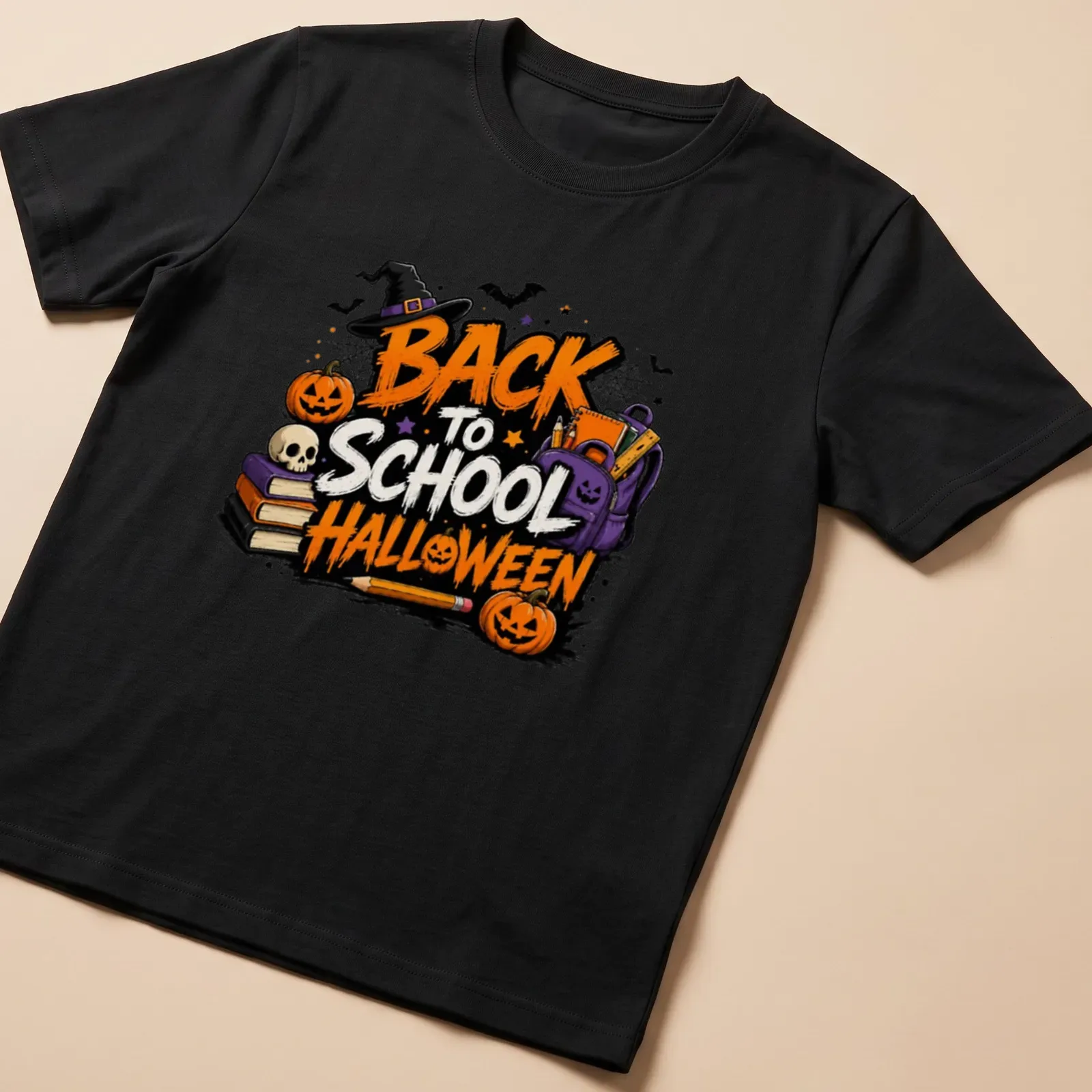 Colorful cartoon Halloween Back to School T-shirt with pumpkins and school supplies — printed on a unisex t-shirt
