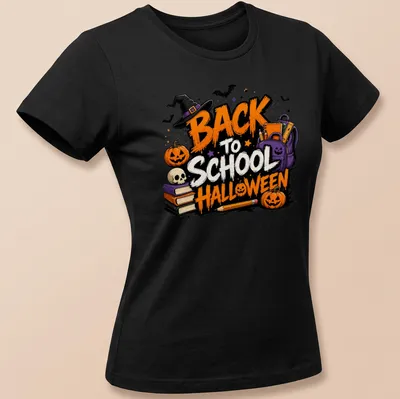 Colorful cartoon Halloween Back to School T-shirt with pumpkins and school supplies — printed on a women's shirt