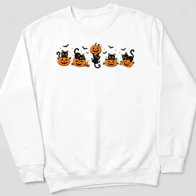 Kawaii cartoon of black cats with pumpkins in orange, black, green, and white — printed on a unisex sweatshirt
