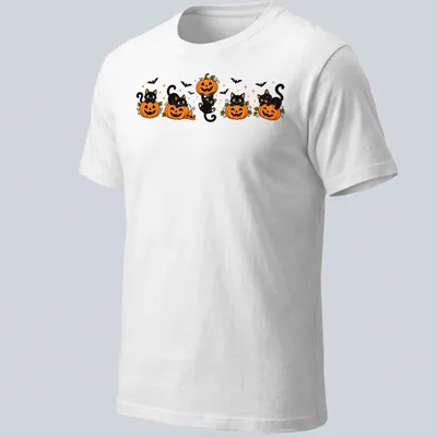 Kawaii cartoon of black cats with pumpkins in orange, black, green, and white