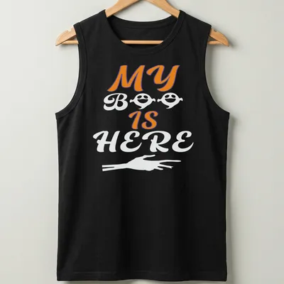 Playful Halloween ghost T-shirt with orange, black, and white colors — printed on a tank top