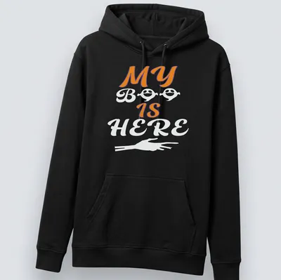 Playful Halloween ghost T-shirt with orange, black, and white colors — printed on a unisex hoodie