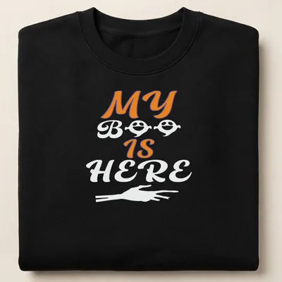 Playful Halloween ghost T-shirt with orange, black, and white colors — printed on a unisex sweatshirt