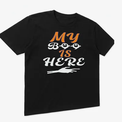 Playful Halloween ghost T-shirt with orange, black, and white colors — printed on a unisex t-shirt (angled view)