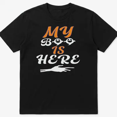 Playful Halloween ghost T-shirt with orange, black, and white colors