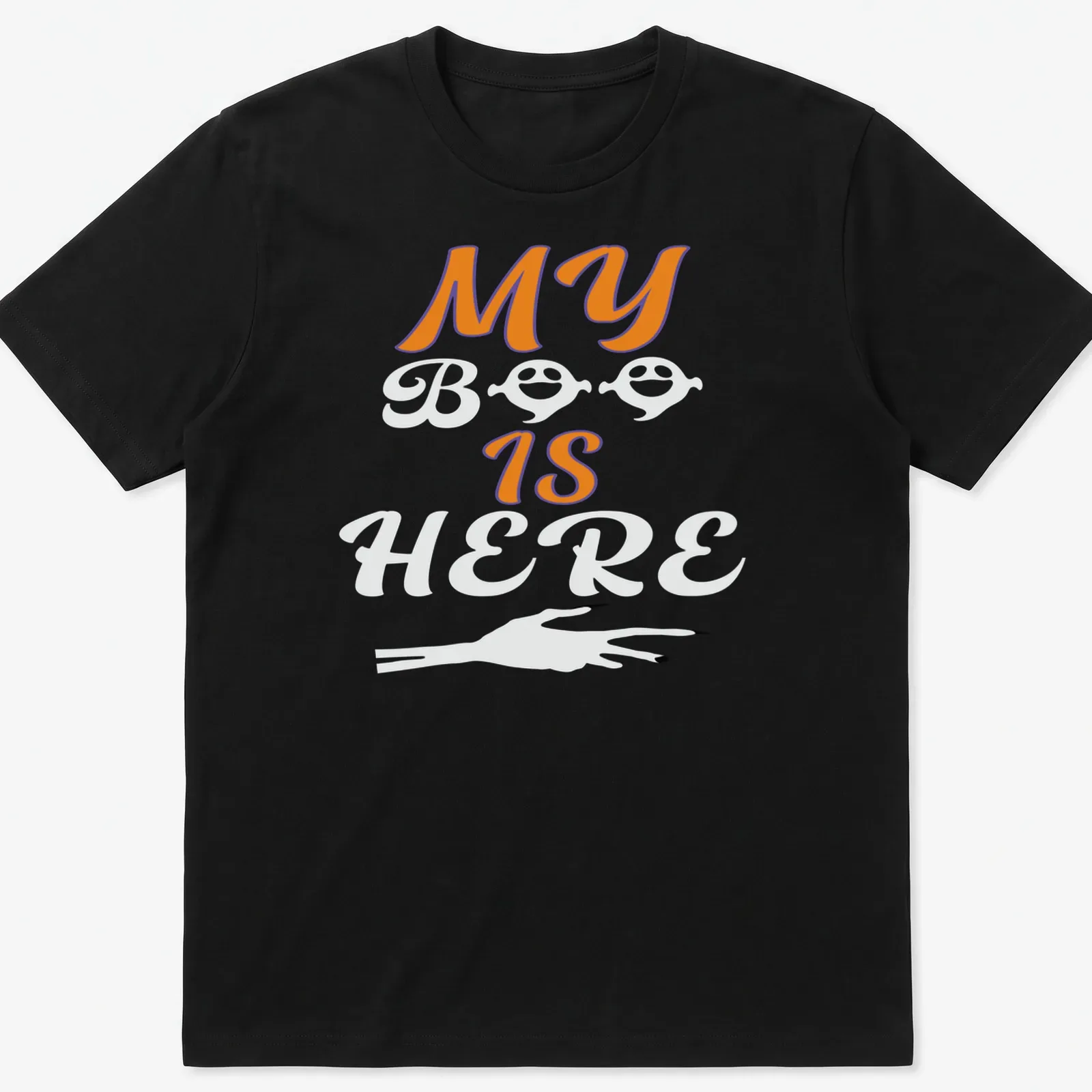 Playful Halloween ghost T-shirt with orange, black, and white colors — printed on a unisex t-shirt