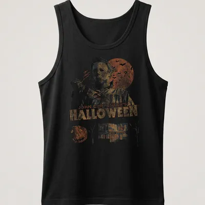 Vintage distressed Halloween t-shirt featuring Michael Myers and classic horror film text — printed on a tank top