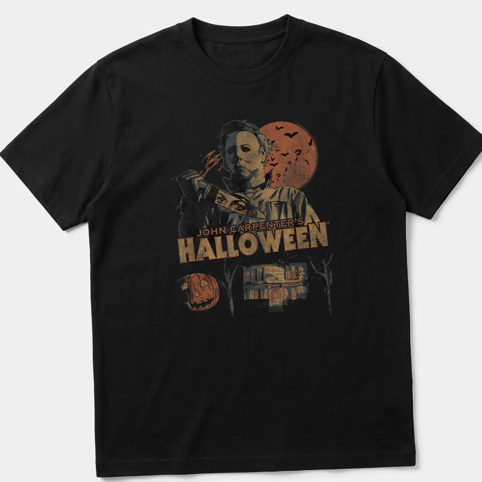 Vintage distressed Halloween t-shirt featuring Michael Myers and classic horror film text — printed on a unisex t-shirt