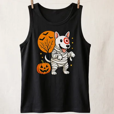 Cartoonish mummy dog in Halloween colors of orange, black, white, green, and yellow — printed on a tank top