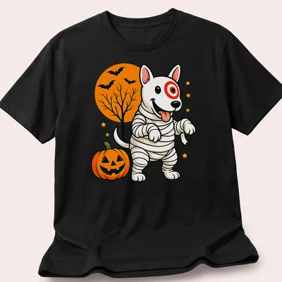 Cartoonish mummy dog in Halloween colors of orange, black, white, green, and yellow