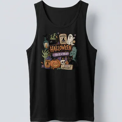 Vintage Halloween illustration featuring ghost, black cat, and pumpkin with text — printed on a tank top