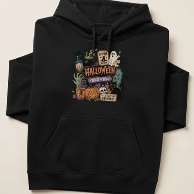 Vintage Halloween illustration featuring ghost, black cat, and pumpkin with text — printed on a unisex hoodie