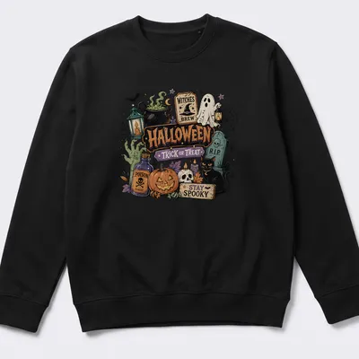 Vintage Halloween illustration featuring ghost, black cat, and pumpkin with text — printed on a unisex sweatshirt