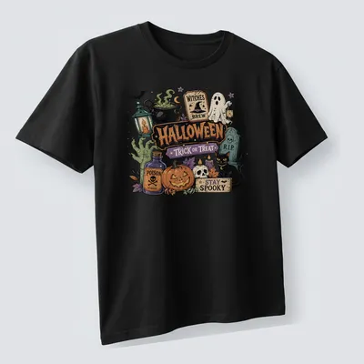 Vintage Halloween illustration featuring ghost, black cat, and pumpkin with text — printed on a unisex t-shirt (angled view)