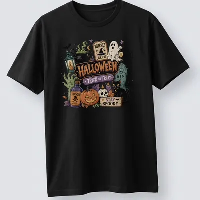 Vintage Halloween illustration featuring ghost, black cat, and pumpkin with text