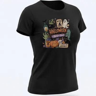Vintage Halloween illustration featuring ghost, black cat, and pumpkin with text — printed on a women's shirt
