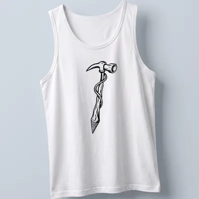 Minimalist hammer tattoo illustration in black and white — printed on a tank top