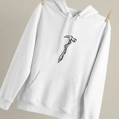 Minimalist hammer tattoo illustration in black and white — printed on a unisex hoodie