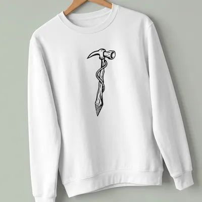 Minimalist hammer tattoo illustration in black and white — printed on a unisex sweatshirt