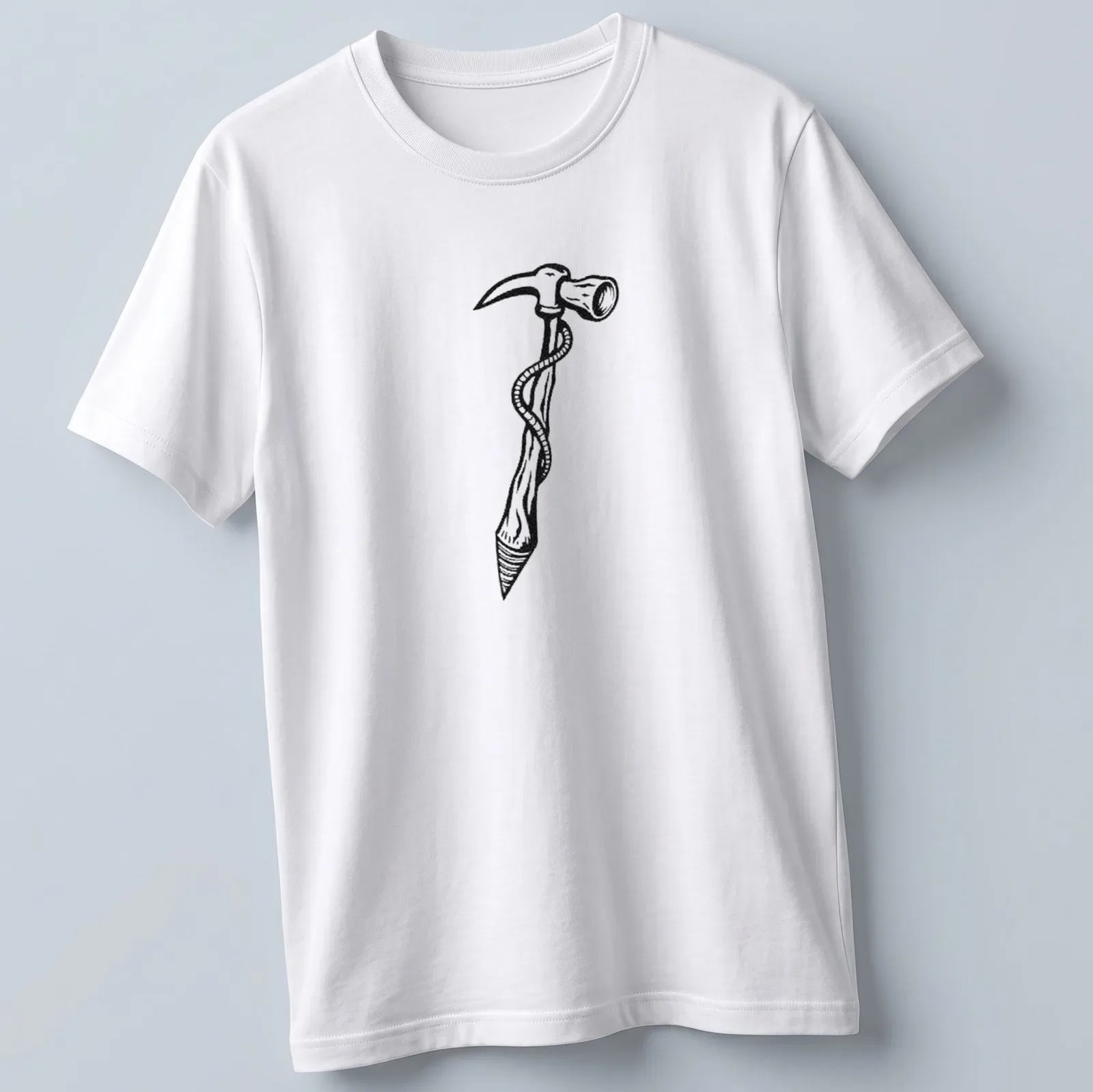 Minimalist hammer tattoo illustration in black and white — printed on a unisex t-shirt
