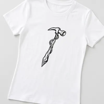 Minimalist hammer tattoo illustration in black and white — printed on a women's shirt