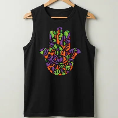 Hamsa hand graphic in glossy abstract colors of purple, green, orange, pink and white — printed on a tank top