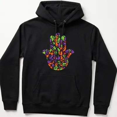 Hamsa hand graphic in glossy abstract colors of purple, green, orange, pink and white — printed on a unisex hoodie