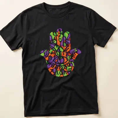 Hamsa hand graphic in glossy abstract colors of purple, green, orange, pink and white