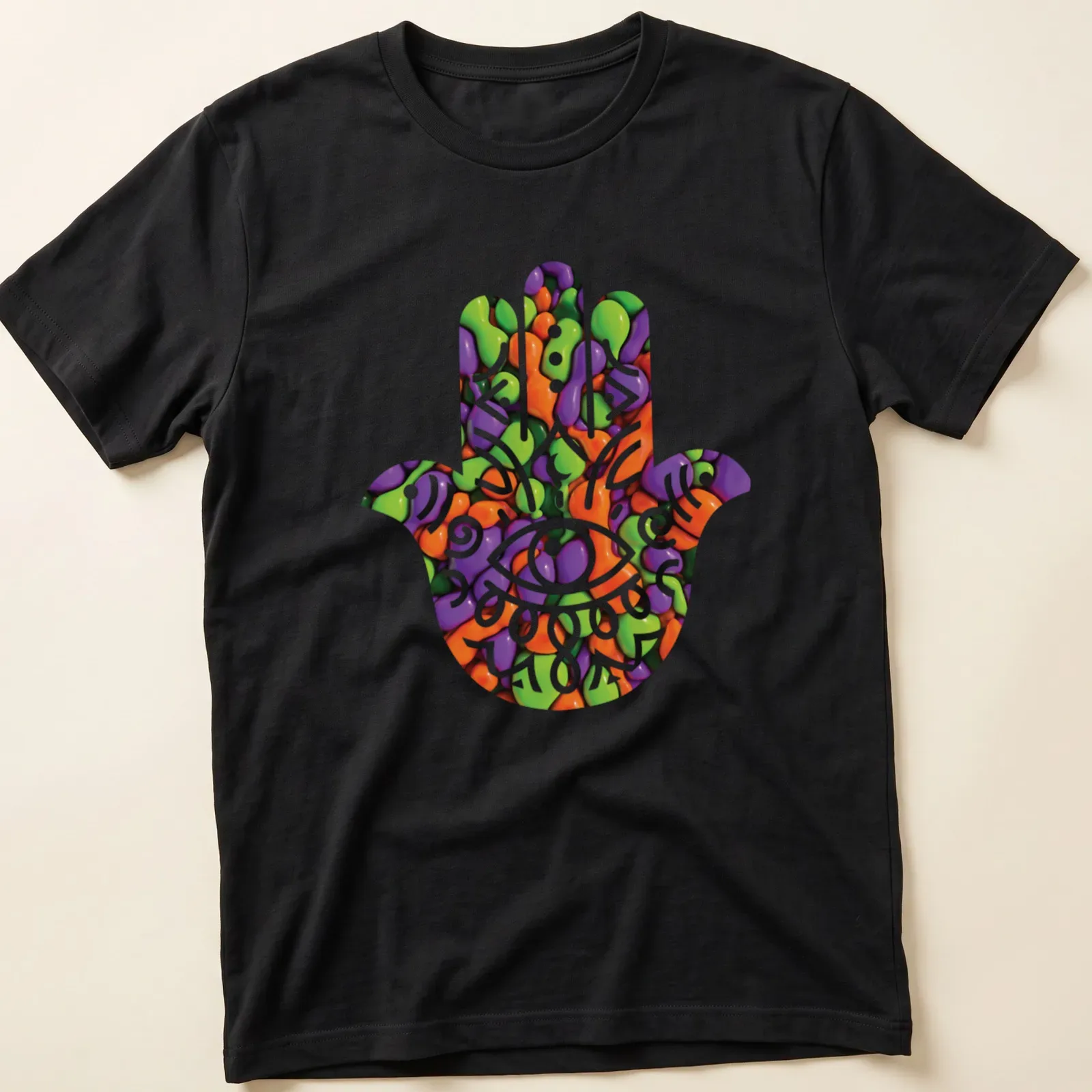 Hamsa hand graphic in glossy abstract colors of purple, green, orange, pink and white — printed on a unisex t-shirt