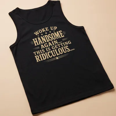 Vintage distressed shirt featuring humorous text about waking up handsome — printed on a tank top