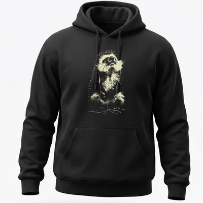 Minimal line art of a hedgehog with earbuds listening to music in light beige and white. — printed on a unisex hoodie