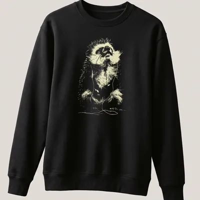 Minimal line art of a hedgehog with earbuds listening to music in light beige and white. — printed on a unisex sweatshirt